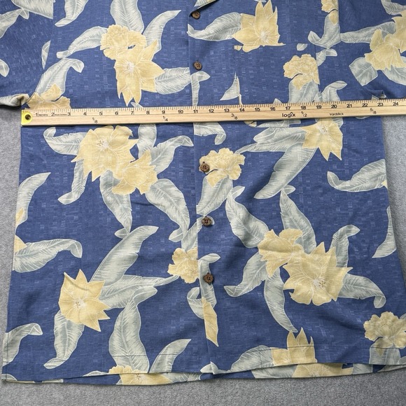 Tommy Bahama 100% Silk Hawaiian Shirt M Blue Yellow Floral Camp Button Front - Picture 7 of 10